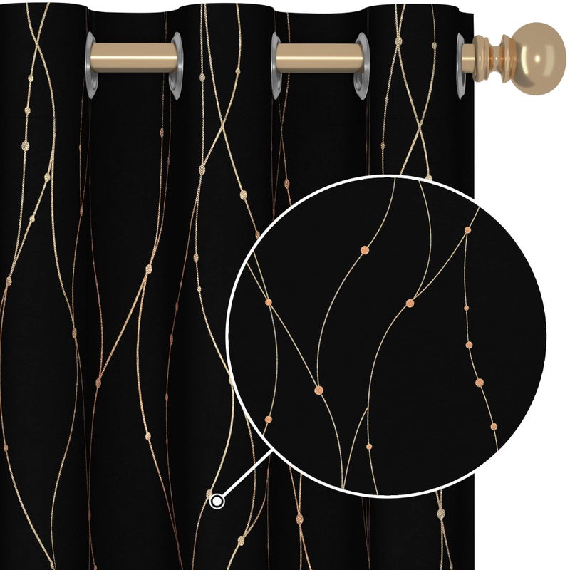 Deconovo Blackout Curtains 2 Panels for Bedroom and Living Room, Gold Foil Wave Lines and Dots, Thermal Insulated Room Darkening Grommet Window Drapes for Nursery, Black, 52W x 108L Inch - Image 2